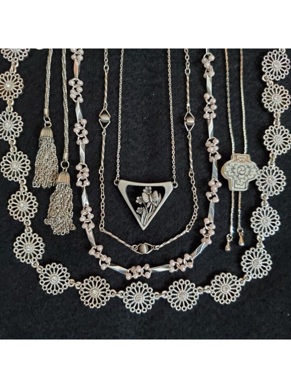 Vintage Silver Tone Necklace Lot of 6 Choker Bolo Lariat Chain